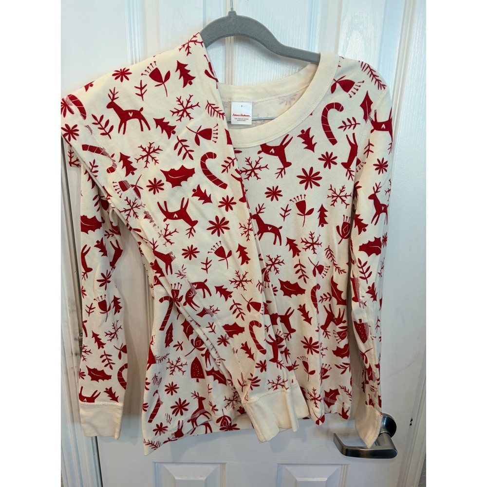 Hanna Andersson Pajama Set Cream Red Holiday Reindeer Organic Cotton Sleepwear
